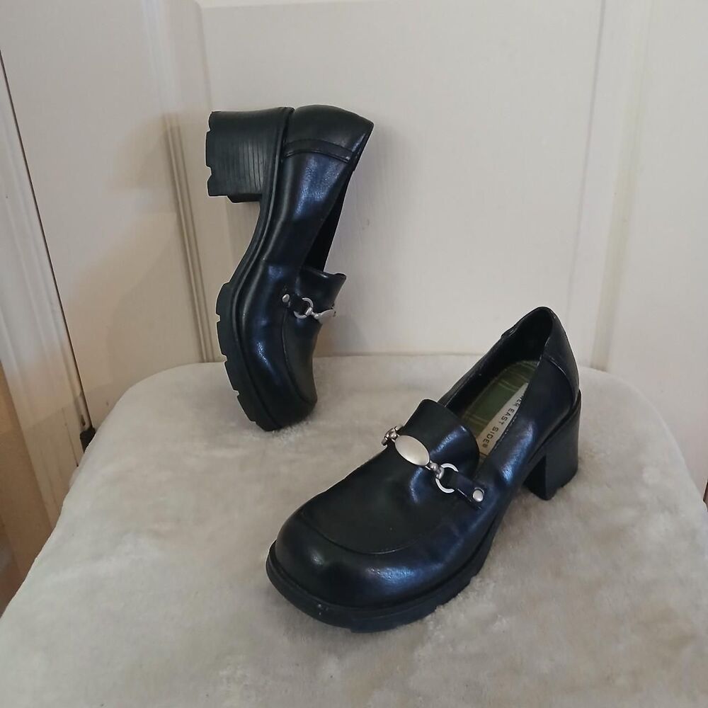 Y2K 90s Vintage Black Platform Chunky Heel Oxford Loafers Silver Buckle 7.5 Alt